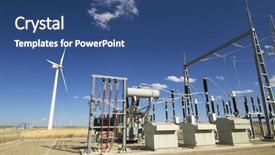  Presentation with high voltage - Presentation having electrical transformers - high-voltage substation and windmill background and a ocean colored foreground