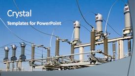  Presentation with high voltage - Presentation having electrical transformers - high-voltage substation on blue sky background and a teal colored foreground