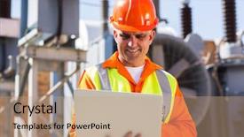  Presentation with electricity power plant - Audience pleasing theme consisting of electrical transformers - mid age engineer using laptop backdrop and a coral colored foreground