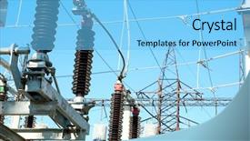  Presentation with electrical transformers - Theme having electrical transformers - part of high voltage substation background and a light blue colored foreground