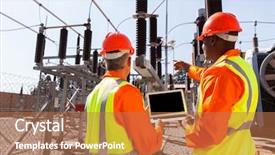  Presentation with electricians - Presentation design enhanced with electrical transformers - rear view of electricians background and a coral colored foreground