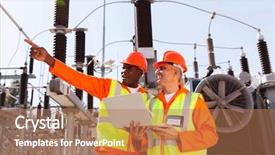  Presentation with electrical transformers - Presentation theme with electrical transformers - senior technician with co-worker working background and a coral colored foreground