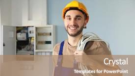  Presentation with electrical transformers - Slide deck enhanced with electrical transformers - young smiling electrician with bunch background and a coral colored foreground