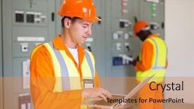  Presentation with electrical engineering - Colorful PPT layouts enhanced with electrical worker working on laptop backdrop and a gold colored foreground
