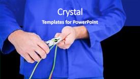  Presentation with electrician - Presentation theme having electrician cutting wire with pliers against black background and a cobalt blue colored foreground