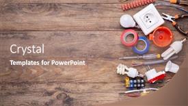  Presentation with electrician - Theme enhanced with electrician equipment on wooden background with copy space top view background and a coral colored foreground
