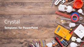  Presentation with electrician - Amazing PPT layouts having electrician equipment on woodenbackground with copy space top view backdrop and a coral colored foreground