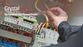  Presentation with current - Amazing PPT theme having electrician examining current voltage backdrop and a  colored foreground