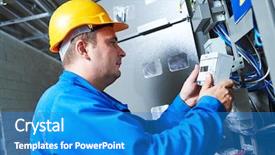  Presentation with energy meter - Colorful slide deck enhanced with electrician installing energy saving meter backdrop and a teal colored foreground