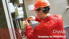  Presentation with energy meter - Presentation design having electrician-installing-or-repairing-energy background and a crimson colored foreground