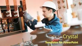  Presentation with transformer power - Slide deck featuring electrician-lineman-worker-installing-power background and a tawny brown colored foreground