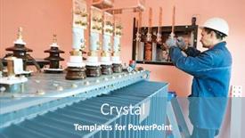  Presentation with transformer power - PPT theme with electrician-lineman-worker-installing-power background and a teal colored foreground