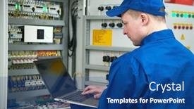  Presentation with multimeter - Amazing presentation design having electrician measures electrical paramenters with tester multimeter equipment at electrical fusebox or switch box backdrop and a ocean colored foreground