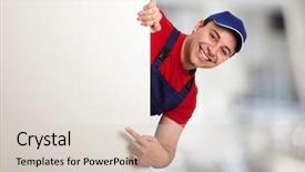  Presentation with blank portrait a4 - Beautiful PPT theme featuring electrician red - portrait of a friendly worker backdrop and a lemonade colored foreground