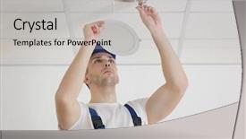 Presentation with electrician - Amazing slide set having electrician repairing ceiling light backdrop and a light gray colored foreground