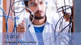  Presentation with wires - Presentation design featuring electrician-trying-to-untangle-wires background and a light blue colored foreground