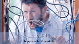  Presentation with wires - Presentation design consisting of electrician-trying-to-untangle-wires background and a light blue colored foreground