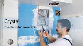  Presentation with distribution - Cool new PPT theme with electrician wearing overalls installing distribution board backdrop and a light blue colored foreground