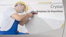  Presentation with outlet - Presentation theme consisting of electrician wearing overalls installing electricity outlet background and a light gray colored foreground