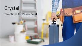  Presentation with tool belt tools - Cool new PPT theme with electrician with tools on blurred backdrop and a light gray colored foreground