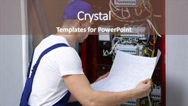  Presentation with connections - Presentation design consisting of electrician with wiring diagram checking background and a tawny brown colored foreground