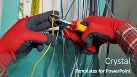  Presentation with electrician - PPT theme having electrician-works-with-cable-wire background and a ocean colored foreground