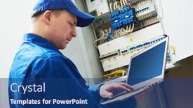  Presentation with electrician - Amazing slide deck having electrician works with computer laptop near switchbox backdrop and a ocean colored foreground