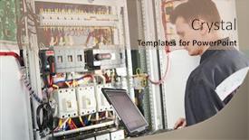  Presentation with electrician - Presentation design consisting of electrician works with laptop computer in switchbox background and a coral colored foreground