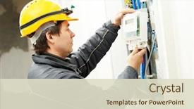  Presentation with energy meter - Beautiful presentation theme featuring electricity - electrician installing energy saving meter backdrop and a soft green colored foreground