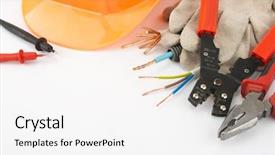  Presentation with set of construction tools tool - Presentation enhanced with workers electricity - electrician's tools hardhat pliers cables background and a white colored foreground