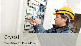  Presentation with electric meter - Presentation theme with electricity - one electrician builder at work background and a light gray colored foreground