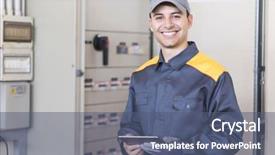  Presentation with electrician - Beautiful PPT theme featuring electricity - portrait of an electrician backdrop and a ocean colored foreground