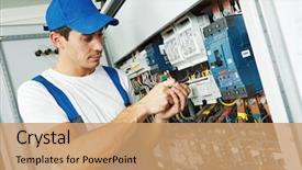  Presentation with fuse - Theme with electricity - young adult electrician builder engineer background and a coral colored foreground