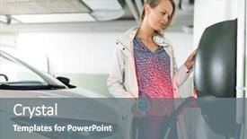  Presentation with electric vehicle - Slide set having electricity - young woman charging an electric background and a gray colored foreground