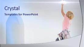  Presentation with light bulb - Theme having electricity changes - woman on ladder fitting light background and a sky blue colored foreground