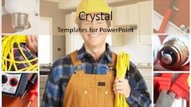  Presentation with electrician - Presentation with electricity house - handsome electrician in yellow uniform background and a  colored foreground