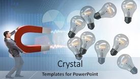  Presentation with light bulbs - Colorful presentation design enhanced with electricity magnetism - businessman catching light bulbs backdrop and a light blue colored foreground