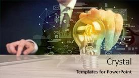  Presentation with glowing light bulb light bulb - Amazing presentation having electricity market - serious business person has backdrop and a soft green colored foreground