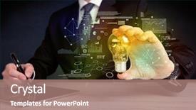  Presentation with glowing light bulb light bulb - Beautiful PPT theme featuring electricity market - serious business person has backdrop and a coral colored foreground