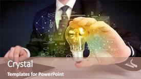  Presentation with glowing light bulb light bulb - Colorful presentation theme enhanced with electricity market - serious business person has backdrop and a coral colored foreground