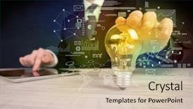  Presentation with glowing light bulb light bulb - Colorful slide deck enhanced with electricity market - serious business person has backdrop and a lemonade colored foreground