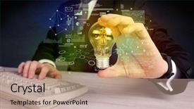  Presentation with glowing light bulb light bulb - Beautiful theme featuring electricity market - serious business person has backdrop and a coral colored foreground