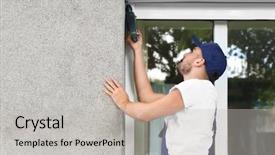  Presentation with metal roller shutter - Amazing slides having electrique - man installing roller shutter backdrop and a light gray colored foreground