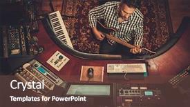  Presentation with professional sound recording - Slide deck enhanced with electro industrial - sound engineer working in boutique background and a  colored foreground