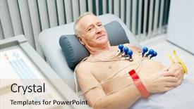  Presentation with cardiologist - Cool new theme with electrocardiogram - happy senior man waiting backdrop and a lemonade colored foreground