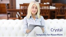  Presentation with electronic supply chain management - Slide set with electroincs age - beautiful mature woman using electronic background and a sky blue colored foreground