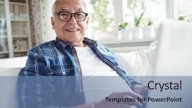  Presentation with laptop - PPT theme featuring electroincs age - portrait of senior man using background and a teal colored foreground