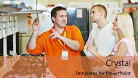  Presentation with family shopping - Presentation theme featuring electronic appliances - sale assistant demonstrating cooker stove background and a gold colored foreground