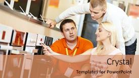  Presentation with family shopping - PPT theme with electronic appliances - seller assistant demonstrating cooker stove background and a coral colored foreground