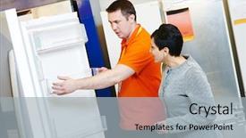  Presentation with supermarket refrigerator - Cool new slide deck with electronic appliances - shop assistant demonstrates refrigerator backdrop and a light gray colored foreground